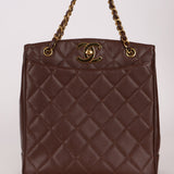 Chanel 1993 Caviar Chocolate Brown XL Turnlock Logo Tote Bag 24K GP - FashioNica