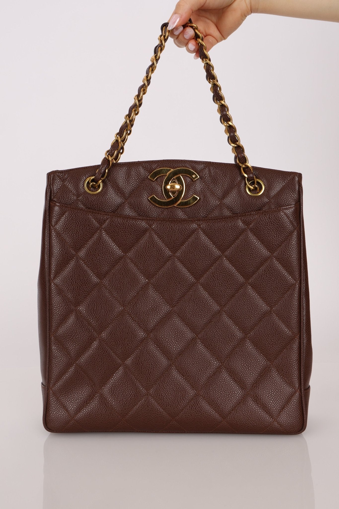 Chanel 1993 Caviar Chocolate Brown XL Turnlock Logo Tote Bag 24K GP - FashioNica