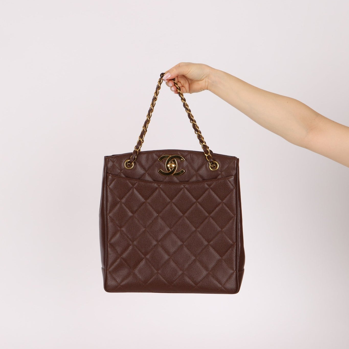 Chanel 1993 Caviar Chocolate Brown XL Turnlock Logo Tote Bag 24K GP - FashioNica