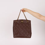 Chanel 1993 Caviar Chocolate Brown XL Turnlock Logo Tote Bag 24K GP - FashioNica