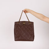 Chanel 1993 Caviar Chocolate Brown XL Turnlock Logo Tote Bag 24K GP - FashioNica