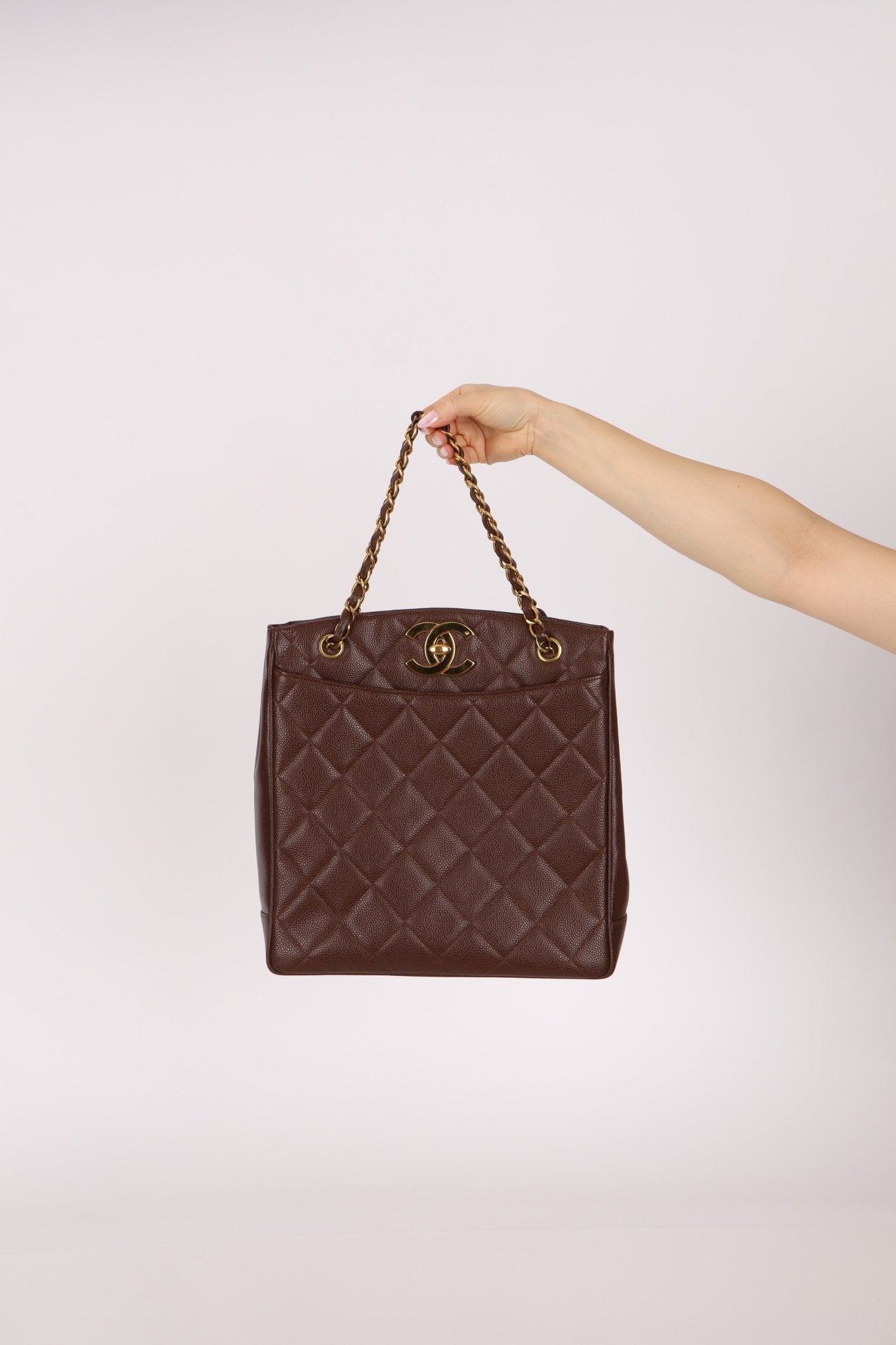 Chanel 1993 Caviar Chocolate Brown XL Turnlock Logo Tote Bag 24K GP - FashioNica
