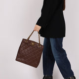Chanel 1993 Caviar Chocolate Brown XL Turnlock Logo Tote Bag 24K GP - FashioNica