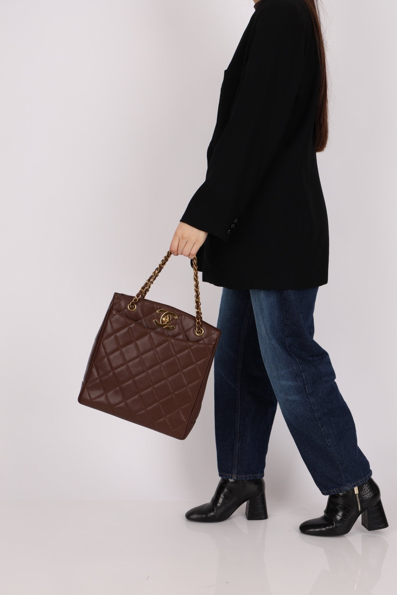 Chanel 1993 Caviar Chocolate Brown XL Turnlock Logo Tote Bag 24K GP - FashioNica