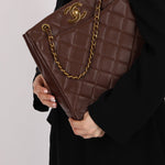 Chanel 1993 Caviar Chocolate Brown XL Turnlock Logo Tote Bag 24K GP - FashioNica