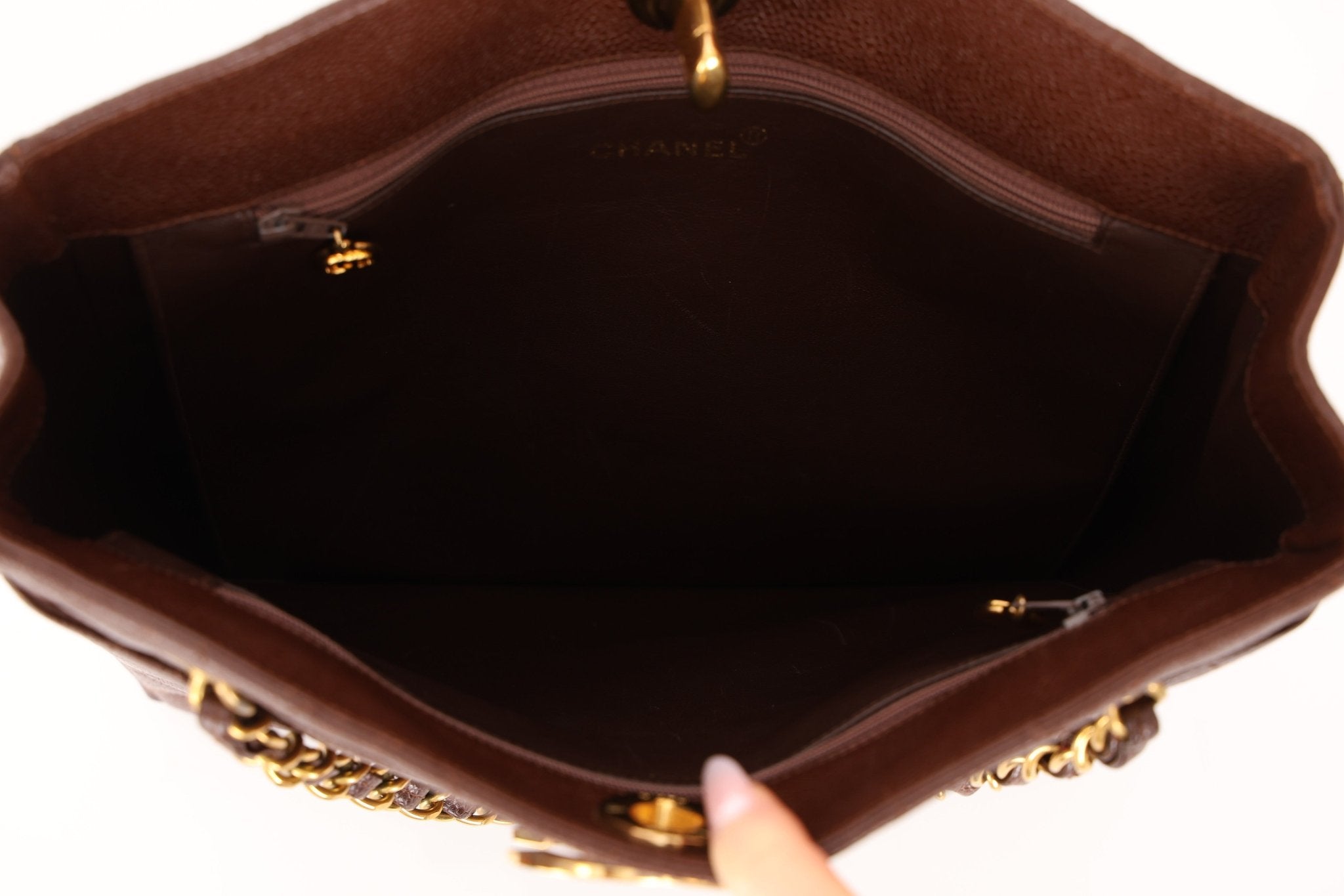 Chanel 1993 Caviar Chocolate Brown XL Turnlock Logo Tote Bag 24K GP - FashioNica