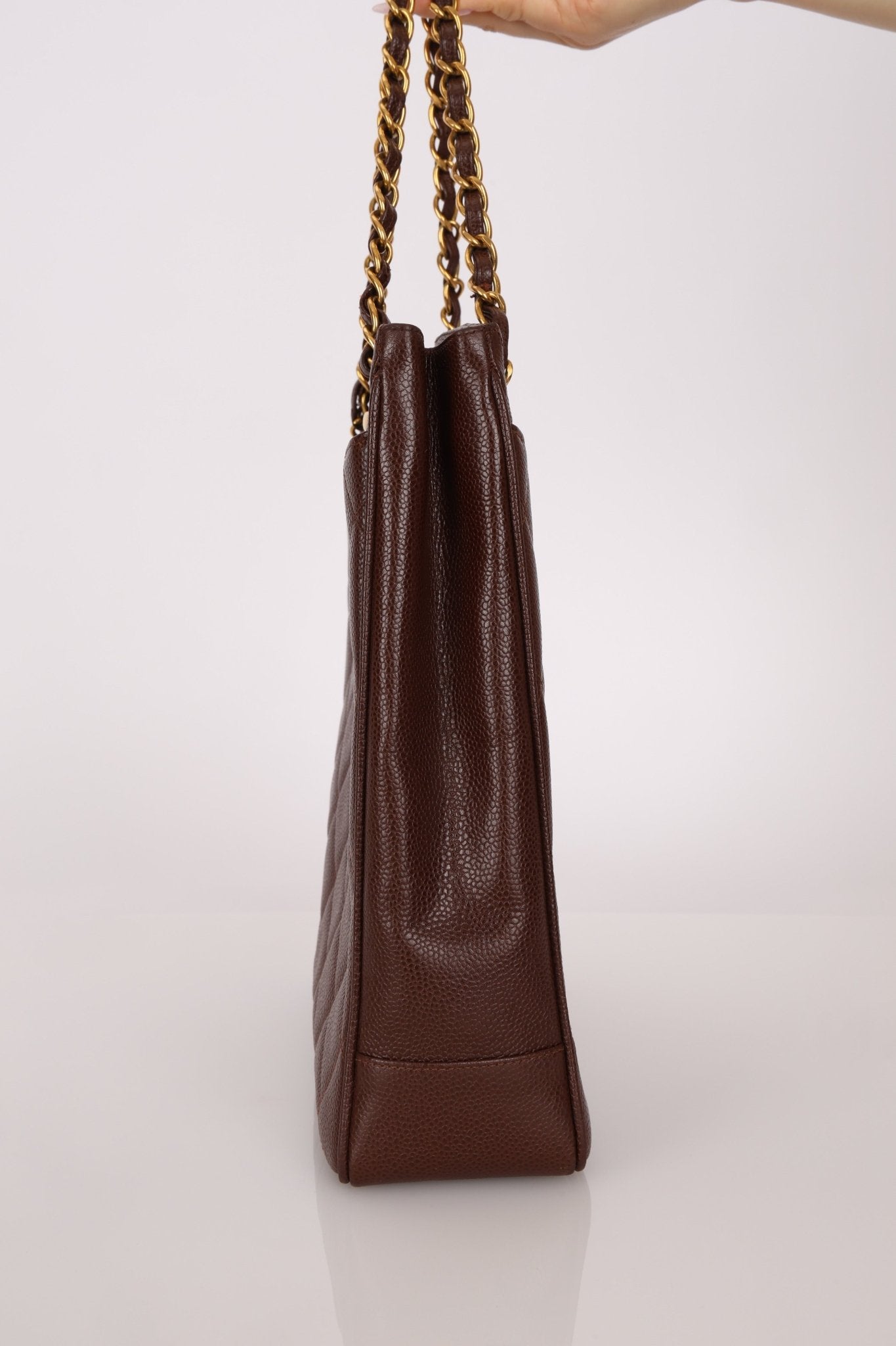 Chanel 1993 Caviar Chocolate Brown XL Turnlock Logo Tote Bag 24K GP - FashioNica