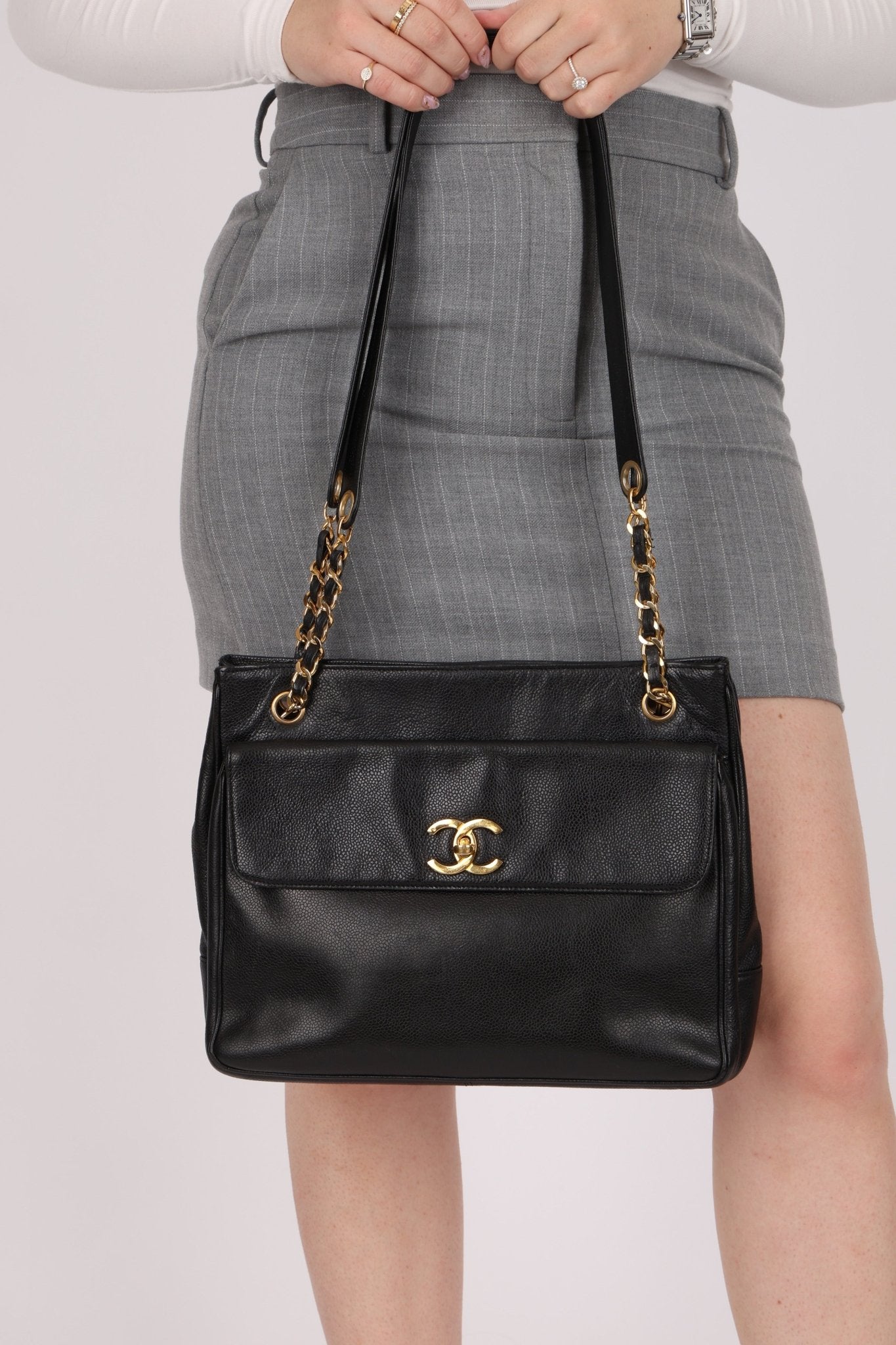 Chanel 1993 Caviar Double Sided Turnlock Tote 24k GP - FashioNica