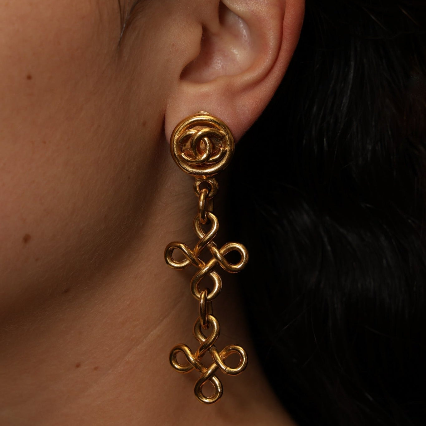 Chanel 1993 CC Celtic Knot Dangle Clip - On Earrings 24K GP - FashioNica