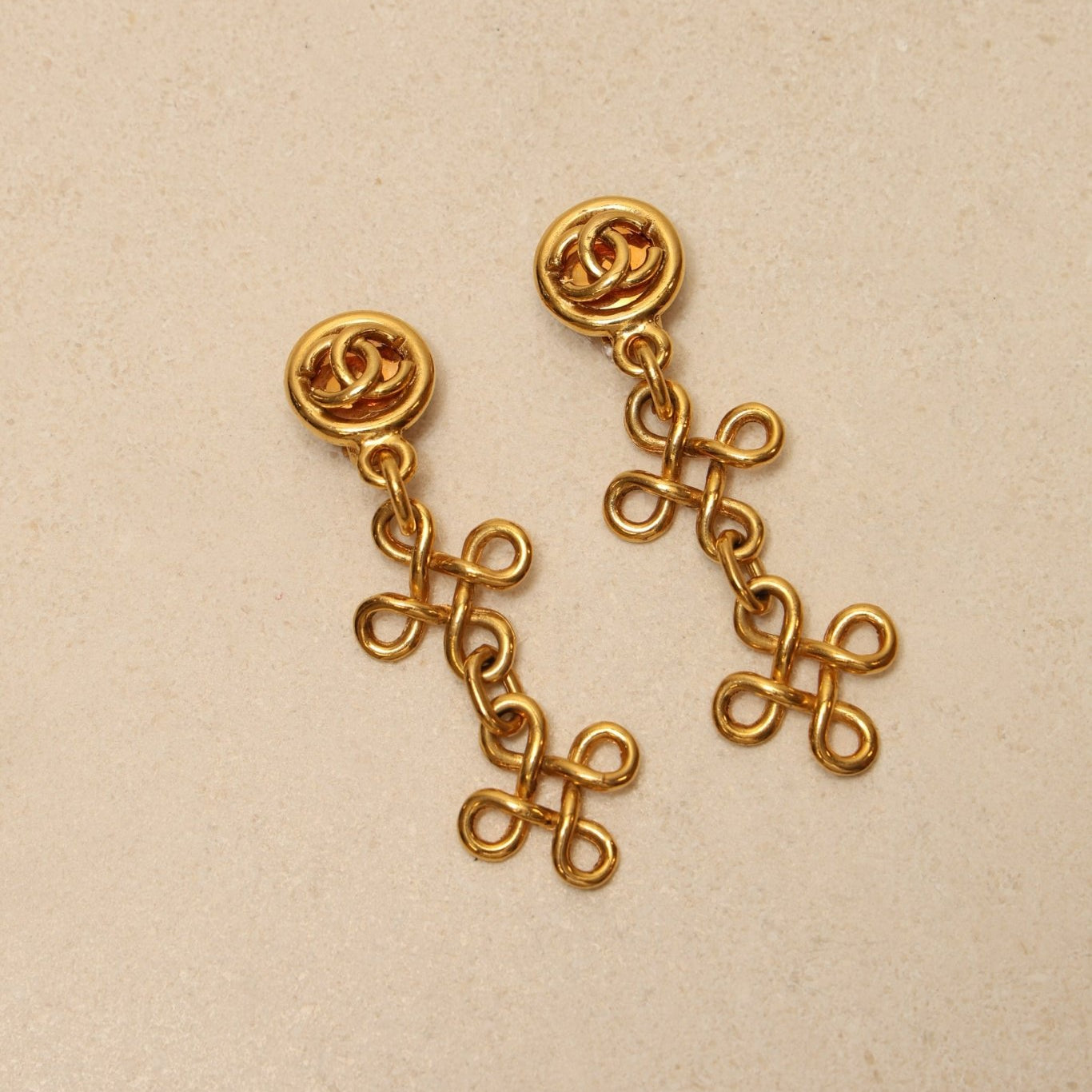 Chanel 1993 CC Celtic Knot Dangle Clip - On Earrings 24K GP - FashioNica