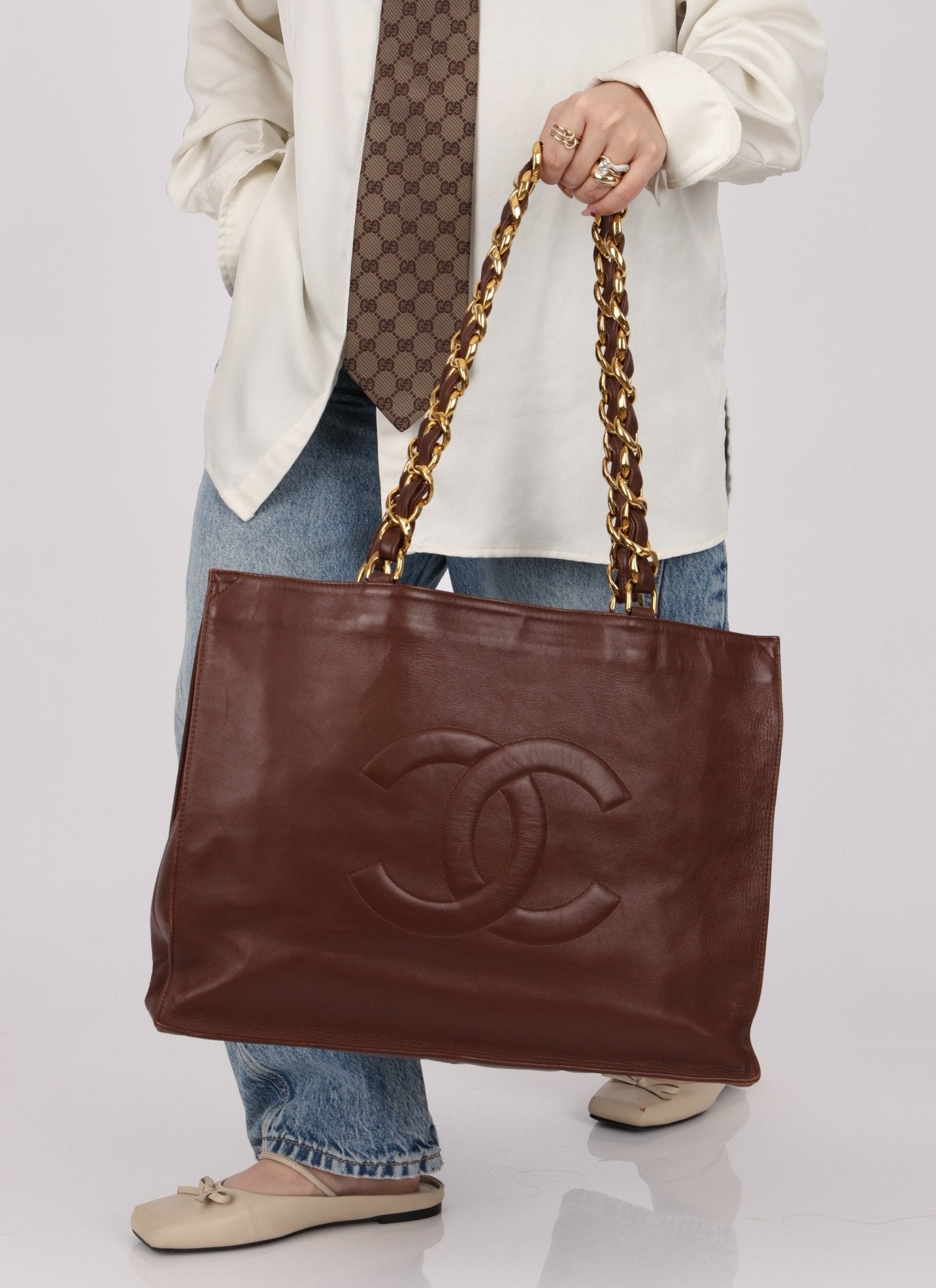 Chanel 1994 Chocolate Calfskin Chunky Chain Tote - FashioNica