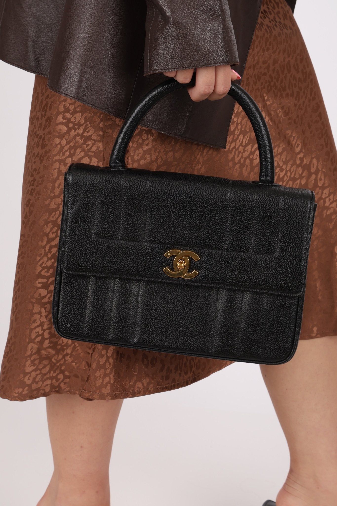 Chanel 1995 Caviar Mademoiselle Small Kelly Top Handle 24k GP - FashioNica