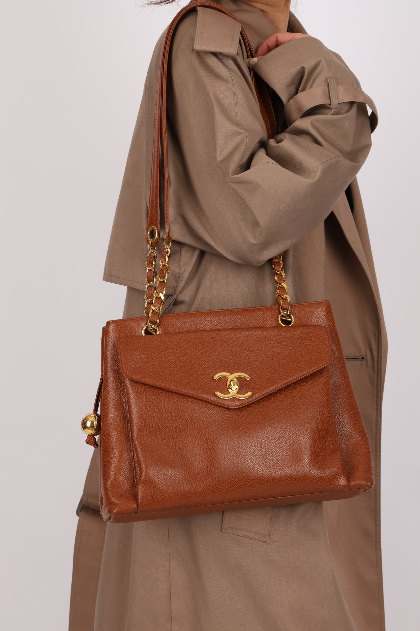 Chanel 1995 Chestnut Caviar Turnlock Pocket Tote 24K GP - FashioNica