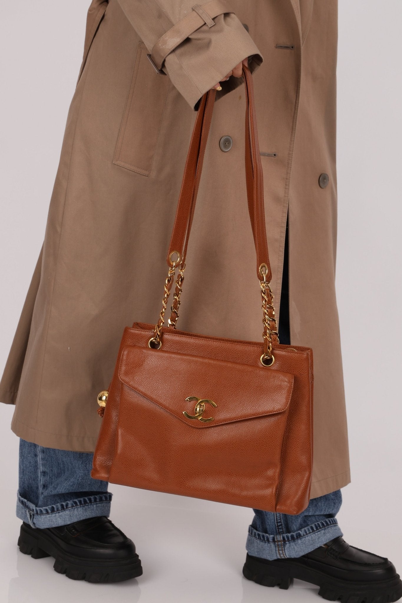 Chanel 1995 Chestnut Caviar Turnlock Pocket Tote 24K GP - FashioNica