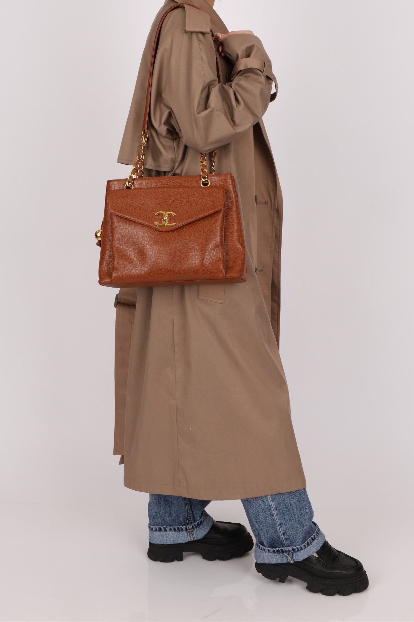 Chanel 1995 Chestnut Caviar Turnlock Pocket Tote 24K GP - FashioNica