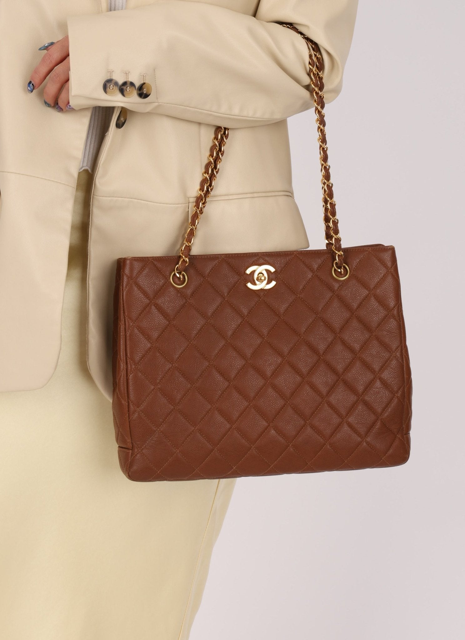 Chanel 1996 Brown Caviar Turnlock Tote - FashioNica