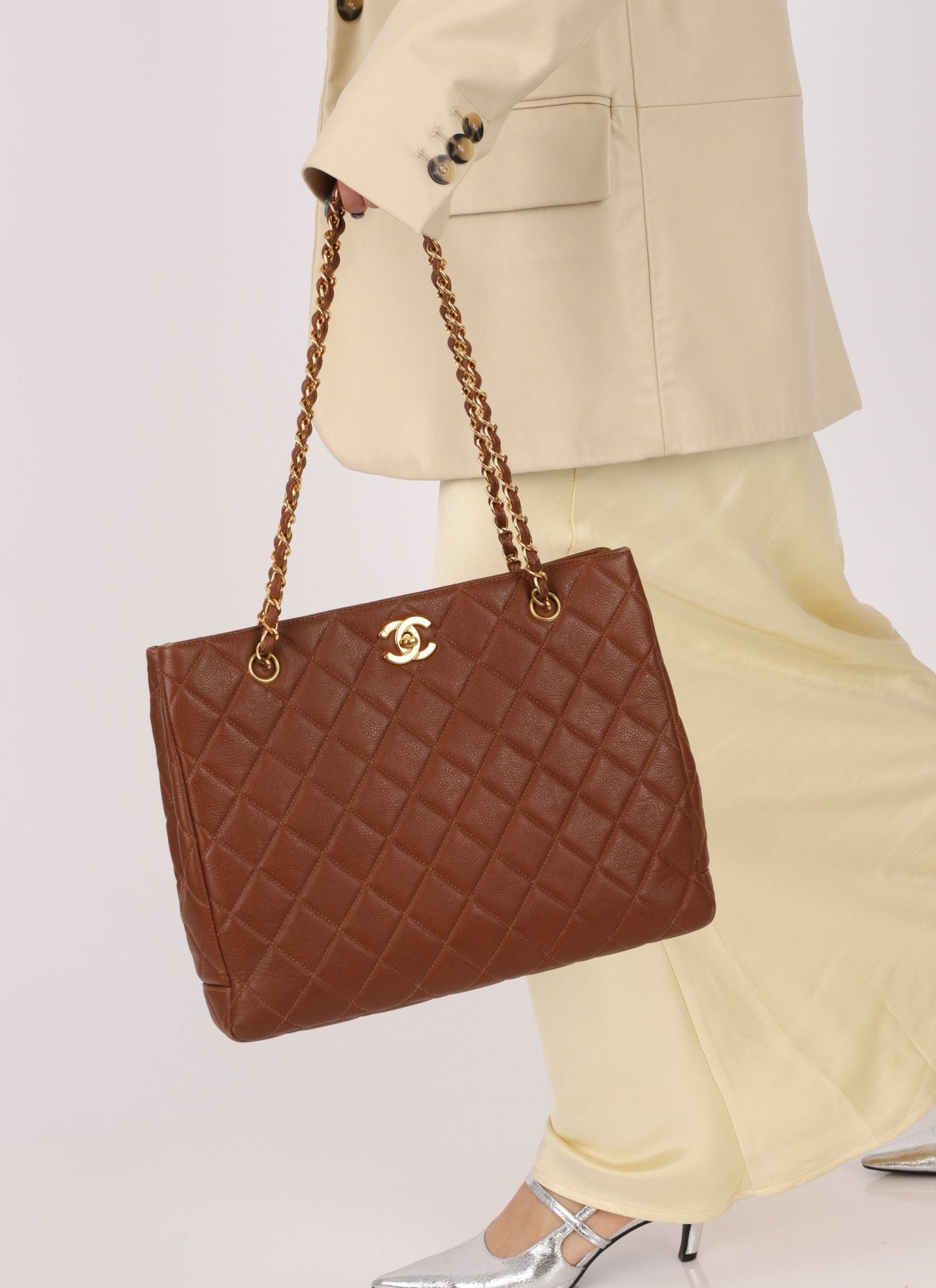 Chanel 1996 Brown Caviar Turnlock Tote - FashioNica