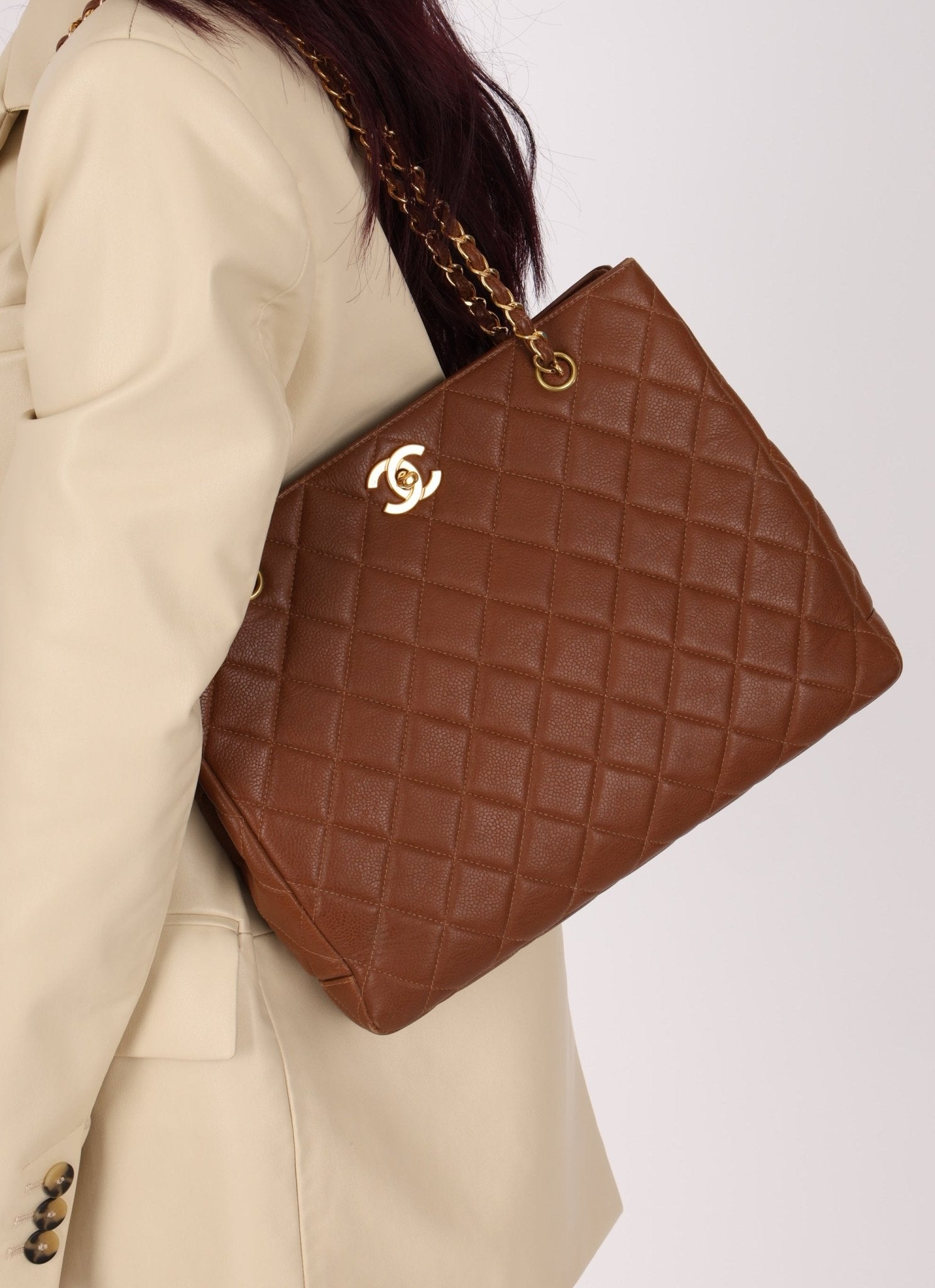 Chanel 1996 Brown Caviar Turnlock Tote - FashioNica
