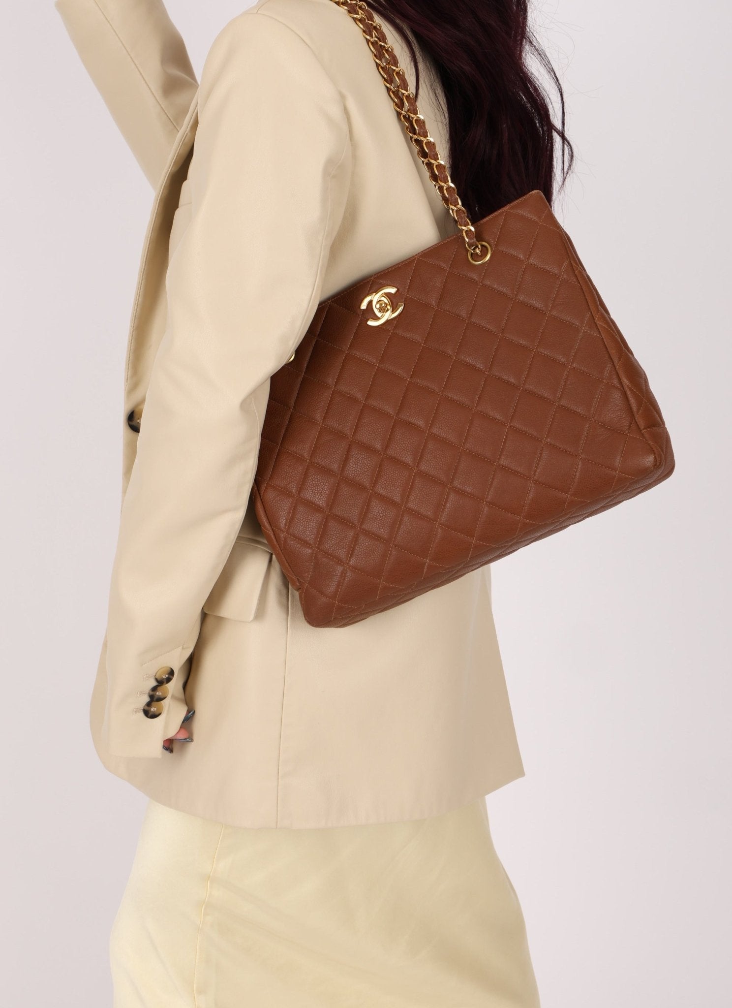 Chanel 1996 Brown Caviar Turnlock Tote - FashioNica