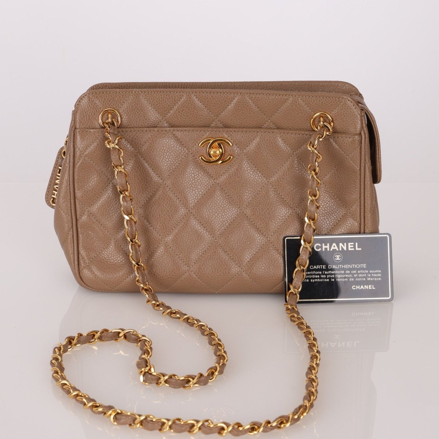 Chanel 1996 Caviar Turnlock Mini Zip 24K GP Chain Tote - FashioNica