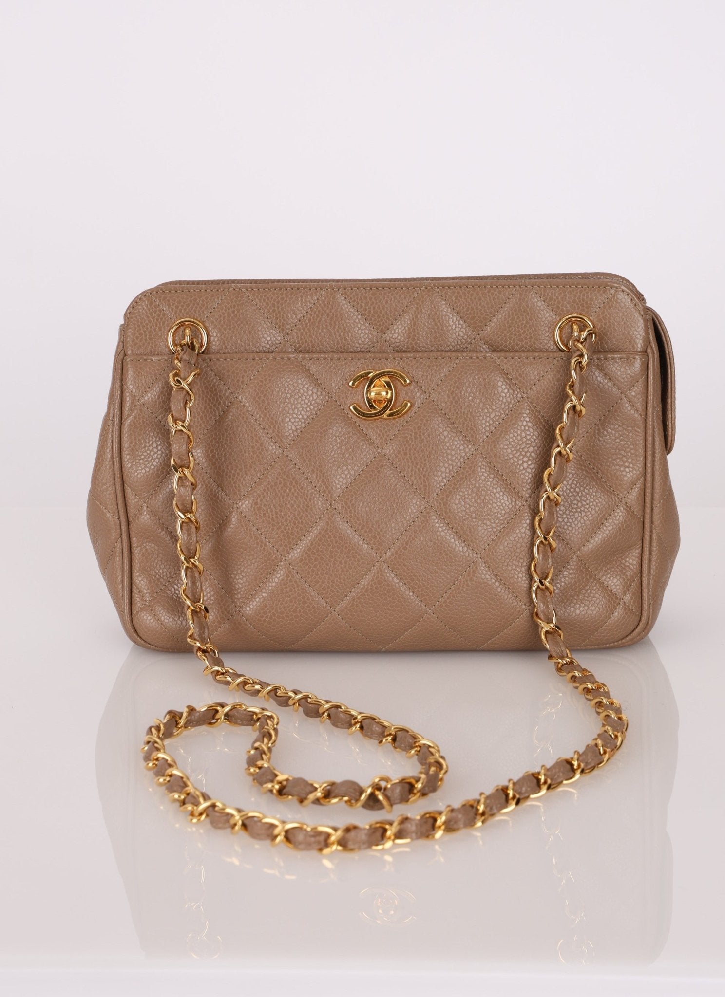 Chanel 1996 Caviar Turnlock Mini Zip 24K GP Chain Tote - FashioNica