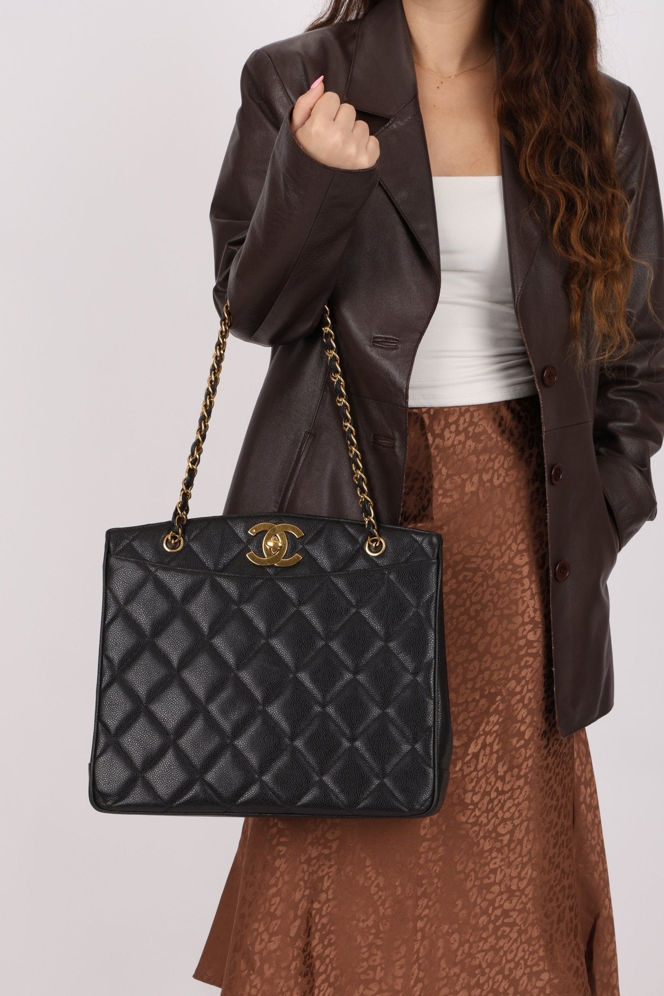 Chanel 1996 Caviar XL Logo Turnlock Tote 24k GP - FashioNica