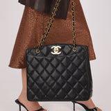 Chanel 1996 Caviar XL Logo Turnlock Tote 24k GP - FashioNica