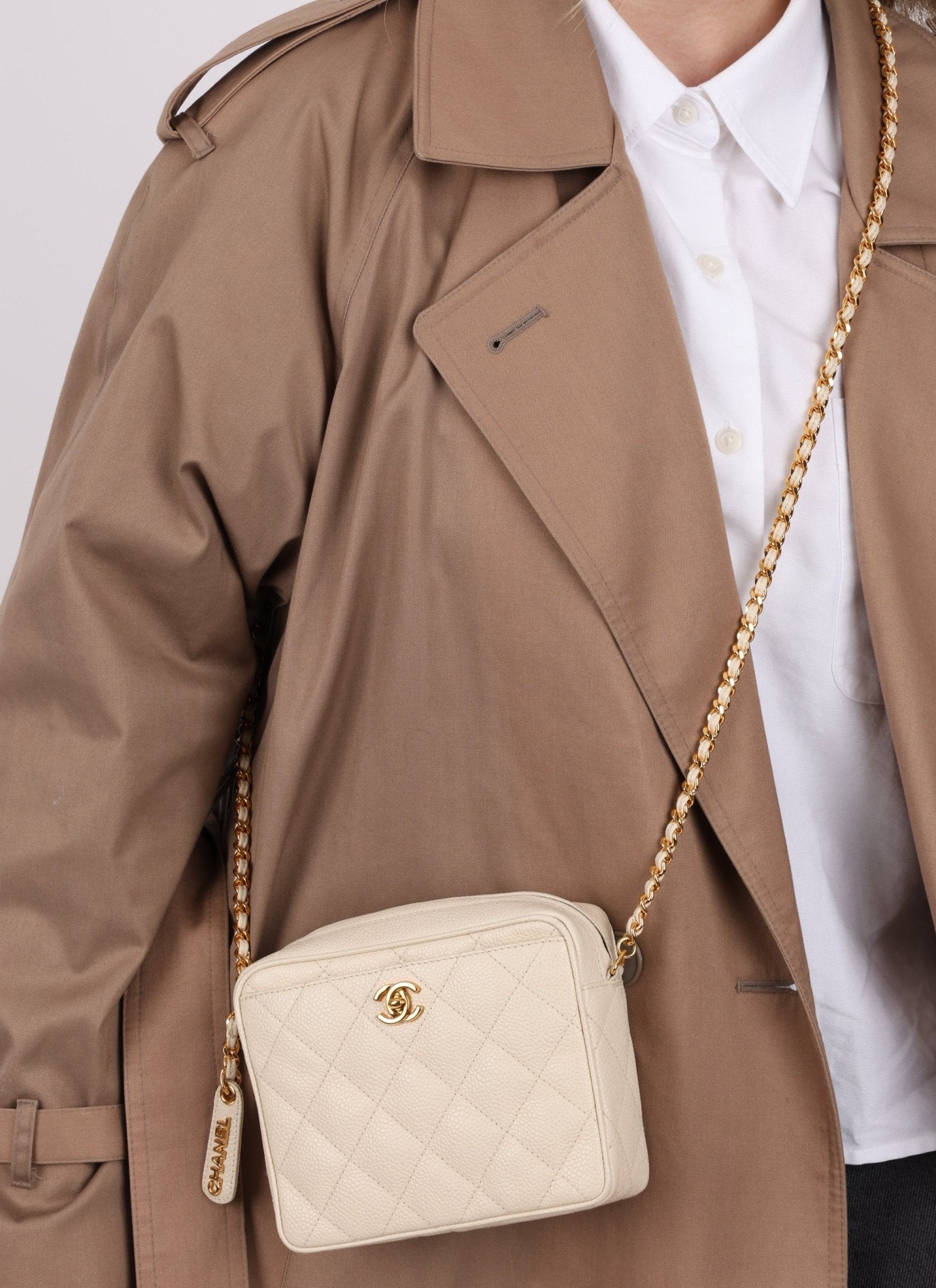 Chanel 1996 Ivory Caviar Mini Square Turnlock Camera Bag - FashioNica