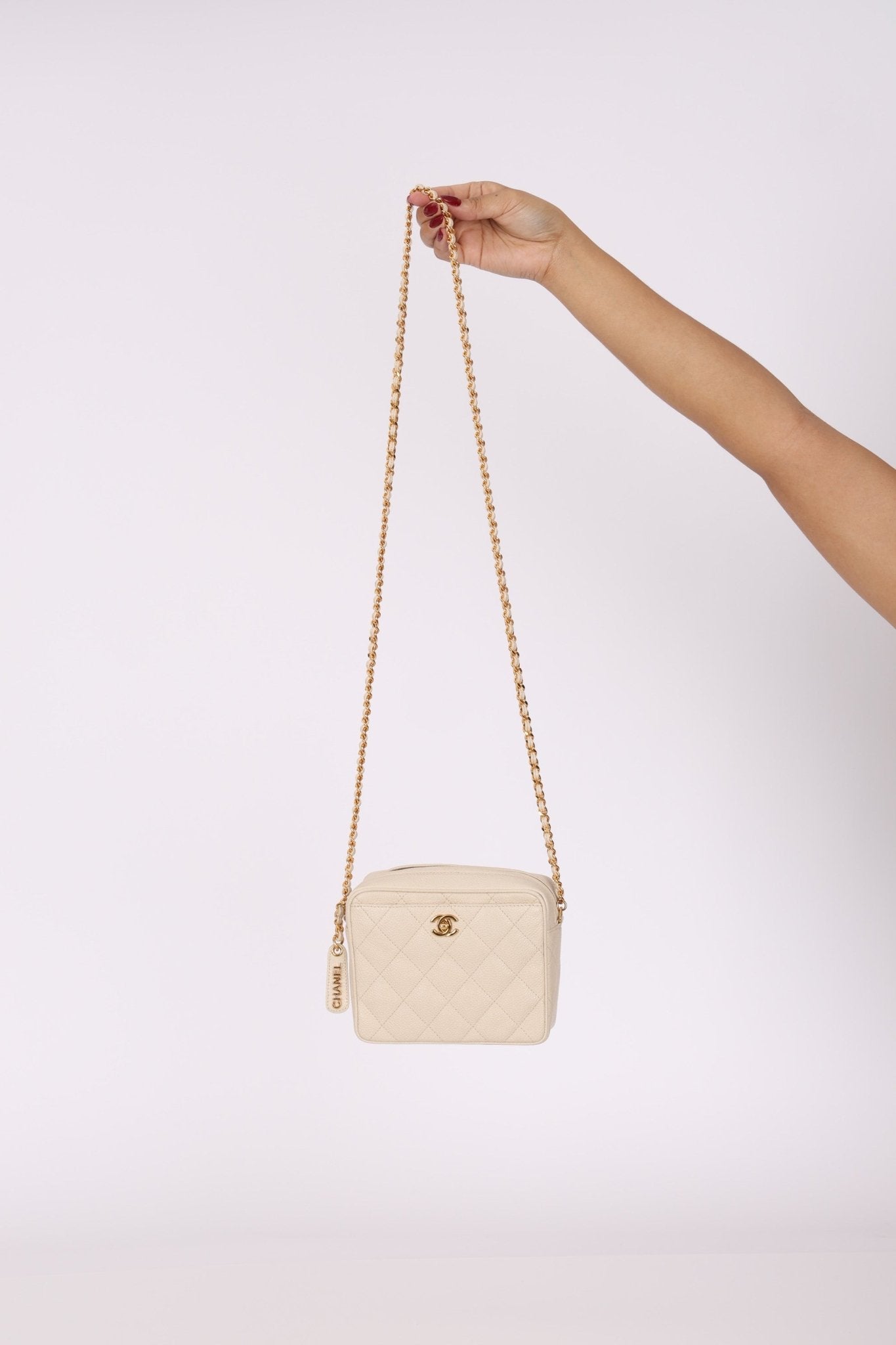Chanel 1996 Ivory Caviar Mini Square Turnlock Camera Bag - FashioNica