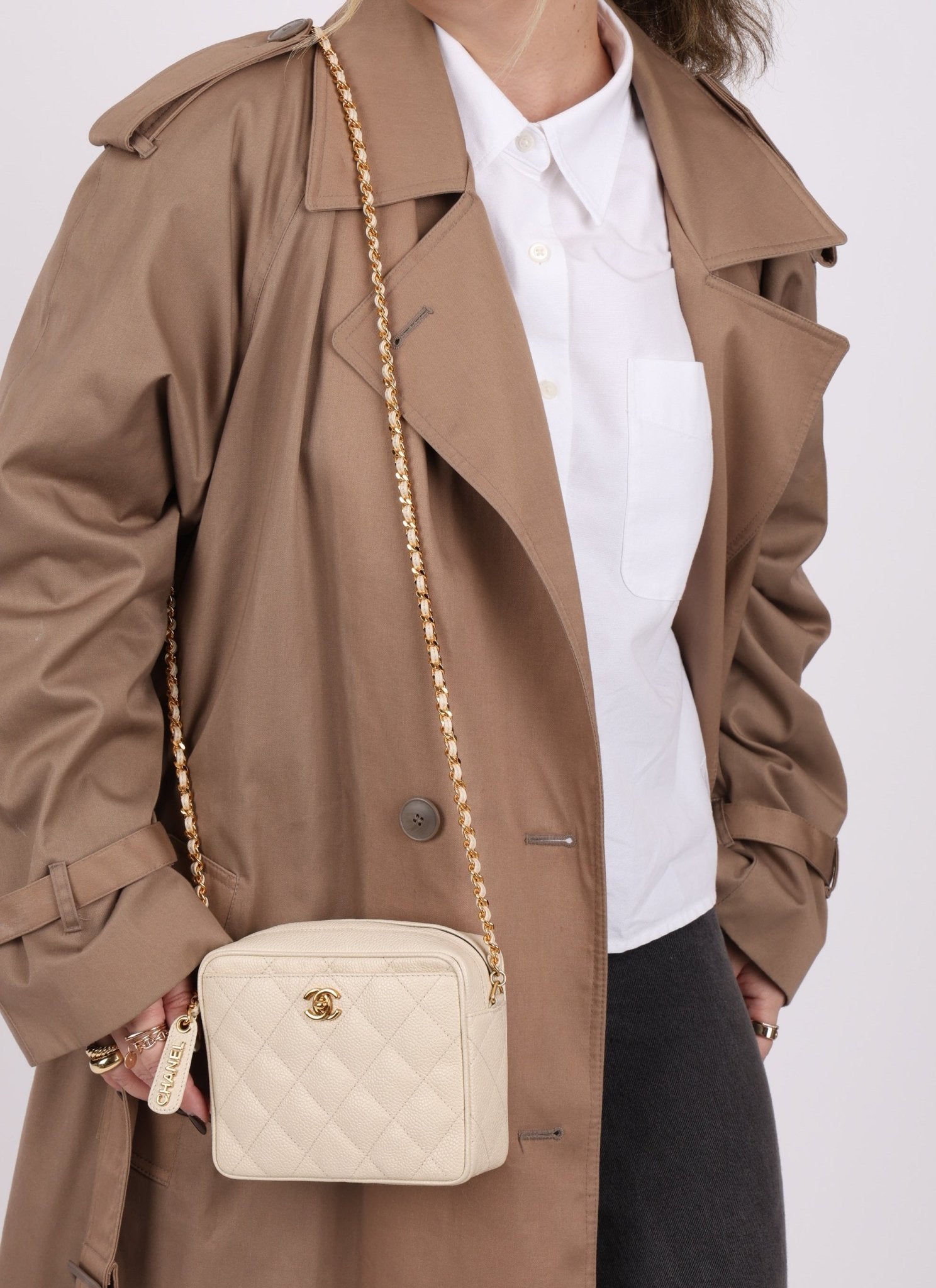 Chanel 1996 Ivory Caviar Mini Square Turnlock Camera Bag - FashioNica