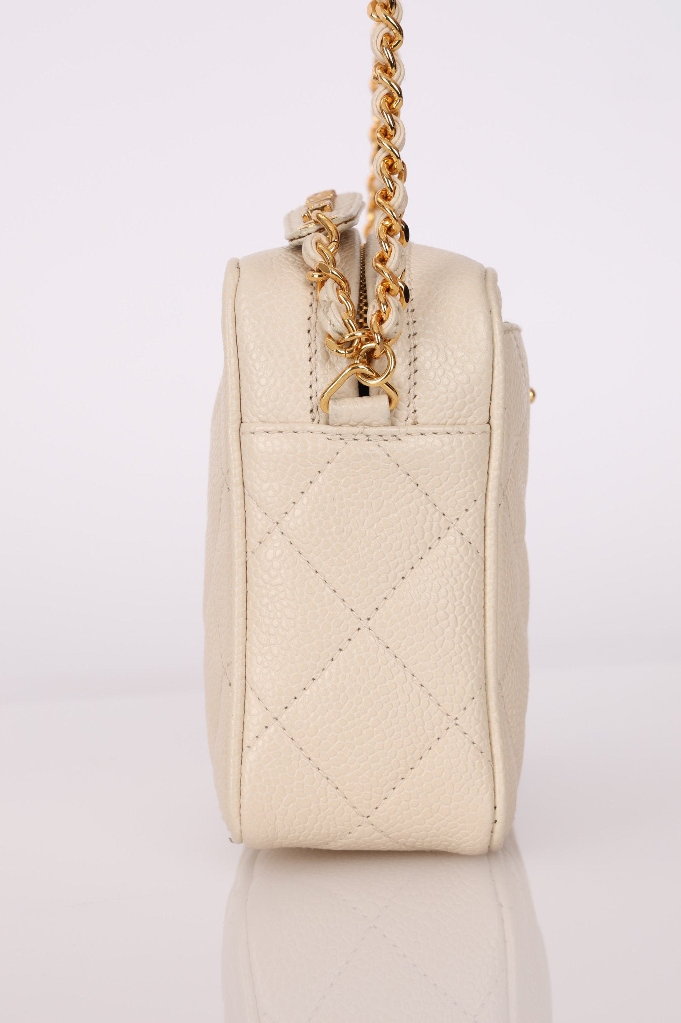 Chanel 1996 Ivory Caviar Mini Square Turnlock Camera Bag - FashioNica