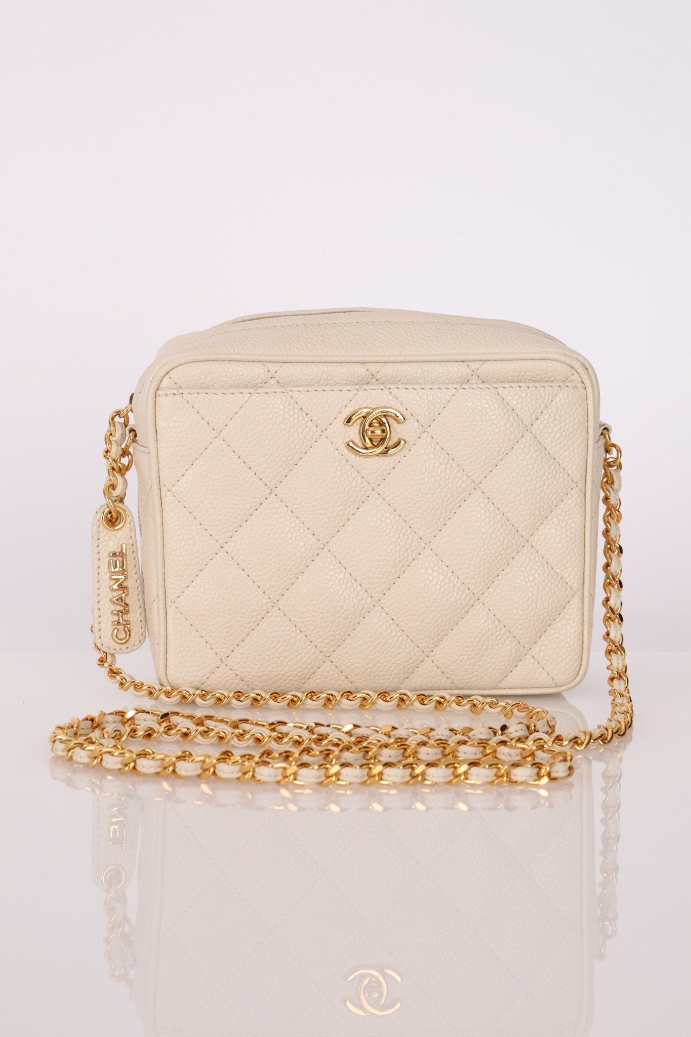 Chanel 1996 Ivory Caviar Mini Square Turnlock Camera Bag - FashioNica