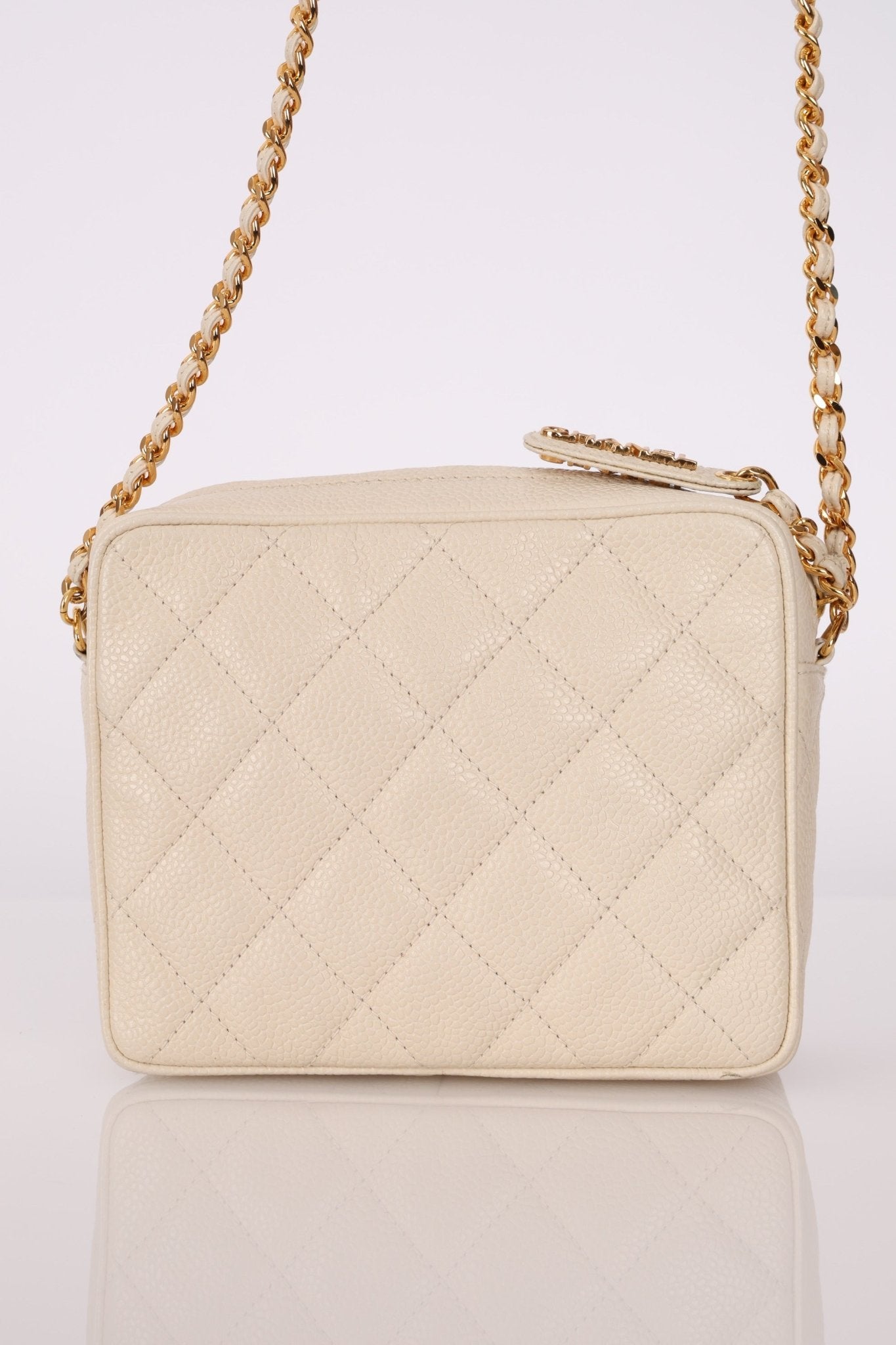 Chanel 1996 Ivory Caviar Mini Square Turnlock Camera Bag - FashioNica