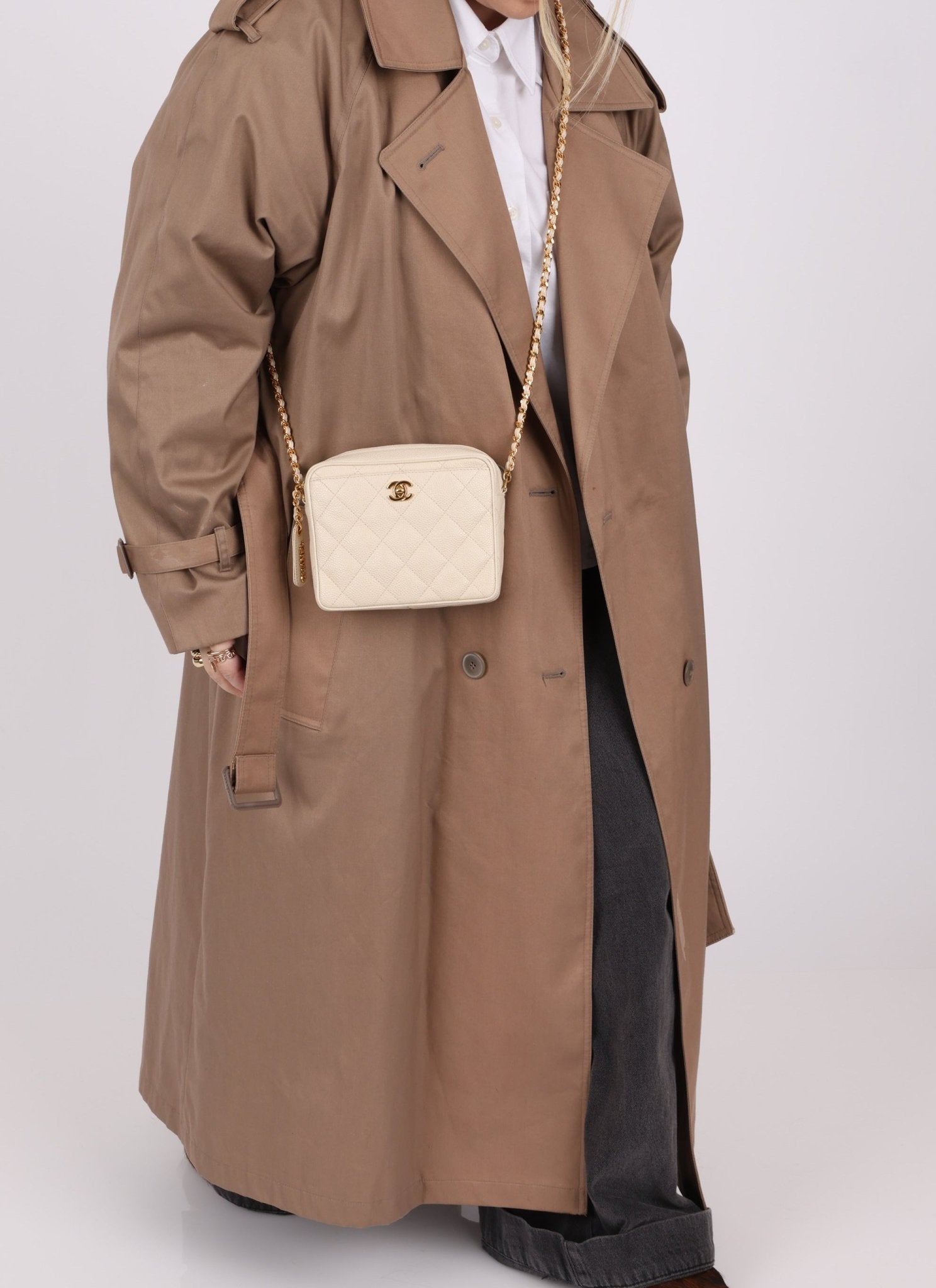 Chanel 1996 Ivory Caviar Mini Square Turnlock Camera Bag - FashioNica