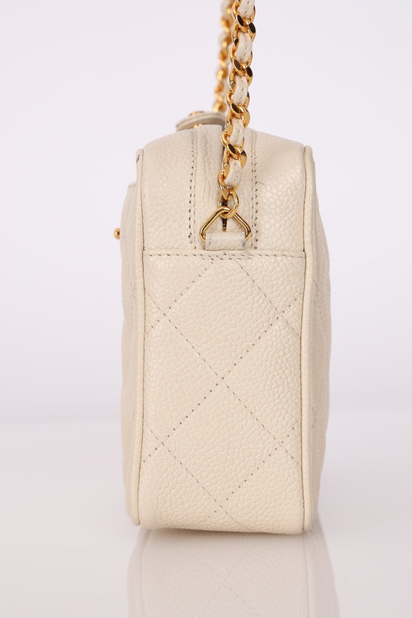 Chanel 1996 Ivory Caviar Mini Square Turnlock Camera Bag - FashioNica