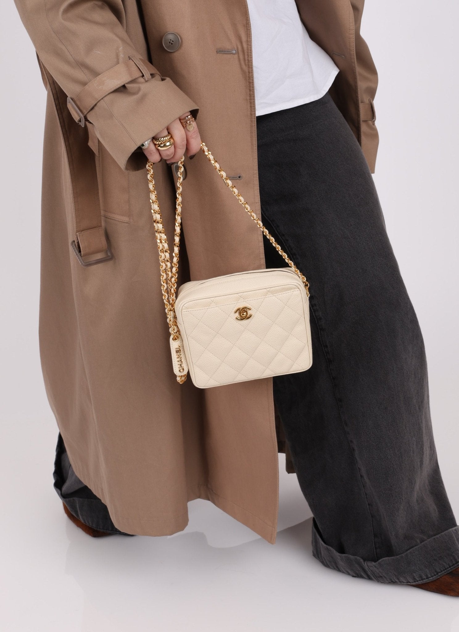 Chanel 1996 Ivory Caviar Mini Square Turnlock Camera Bag - FashioNica