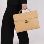 Chanel 1997 Beige Caviar XL Turnlock Briefcase - FashioNica