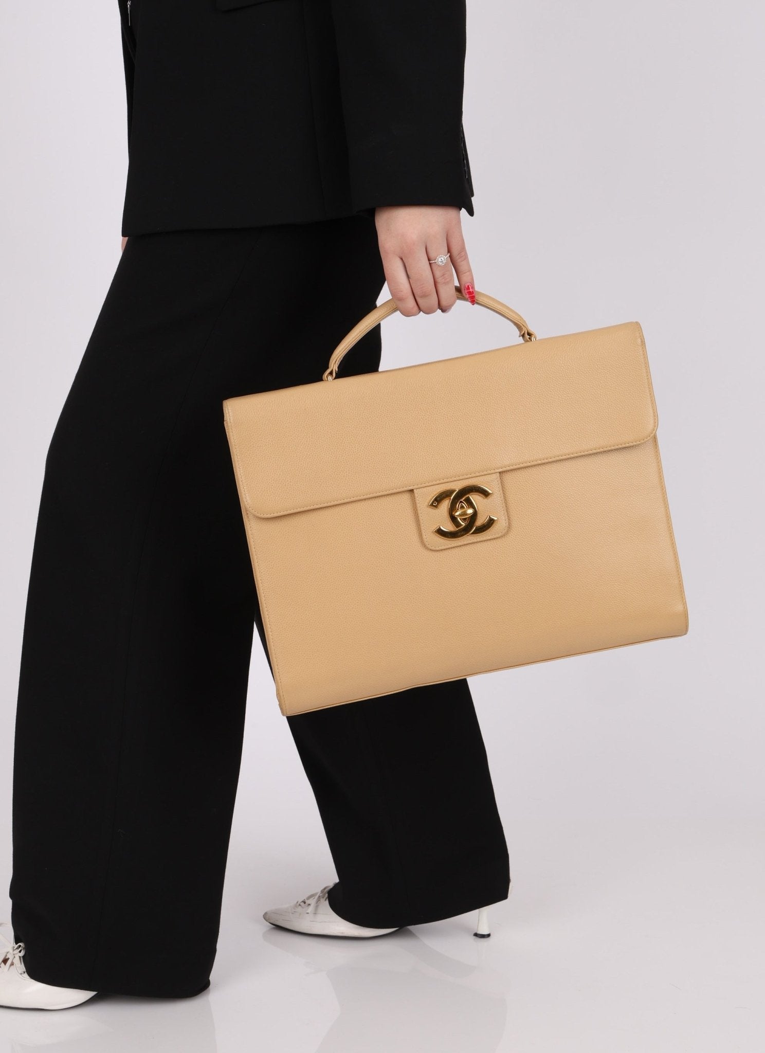 Chanel 1997 Beige Caviar XL Turnlock Briefcase - FashioNica