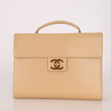 Chanel 1997 Beige Caviar XL Turnlock Briefcase 24K GP - FashioNica