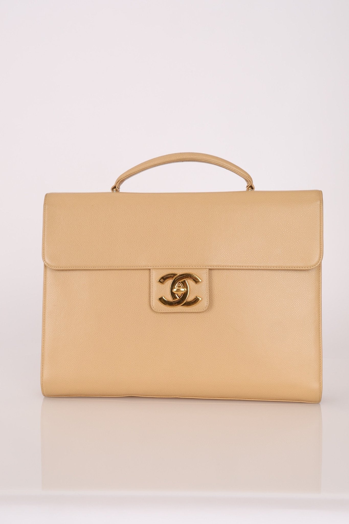 Chanel 1997 Beige Caviar XL Turnlock Briefcase 24K GP - FashioNica