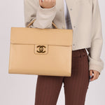 Chanel 1997 Beige Caviar XL Turnlock Briefcase 24K GP - FashioNica