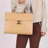 Chanel 1997 Beige Caviar XL Turnlock Briefcase 24K GP - FashioNica