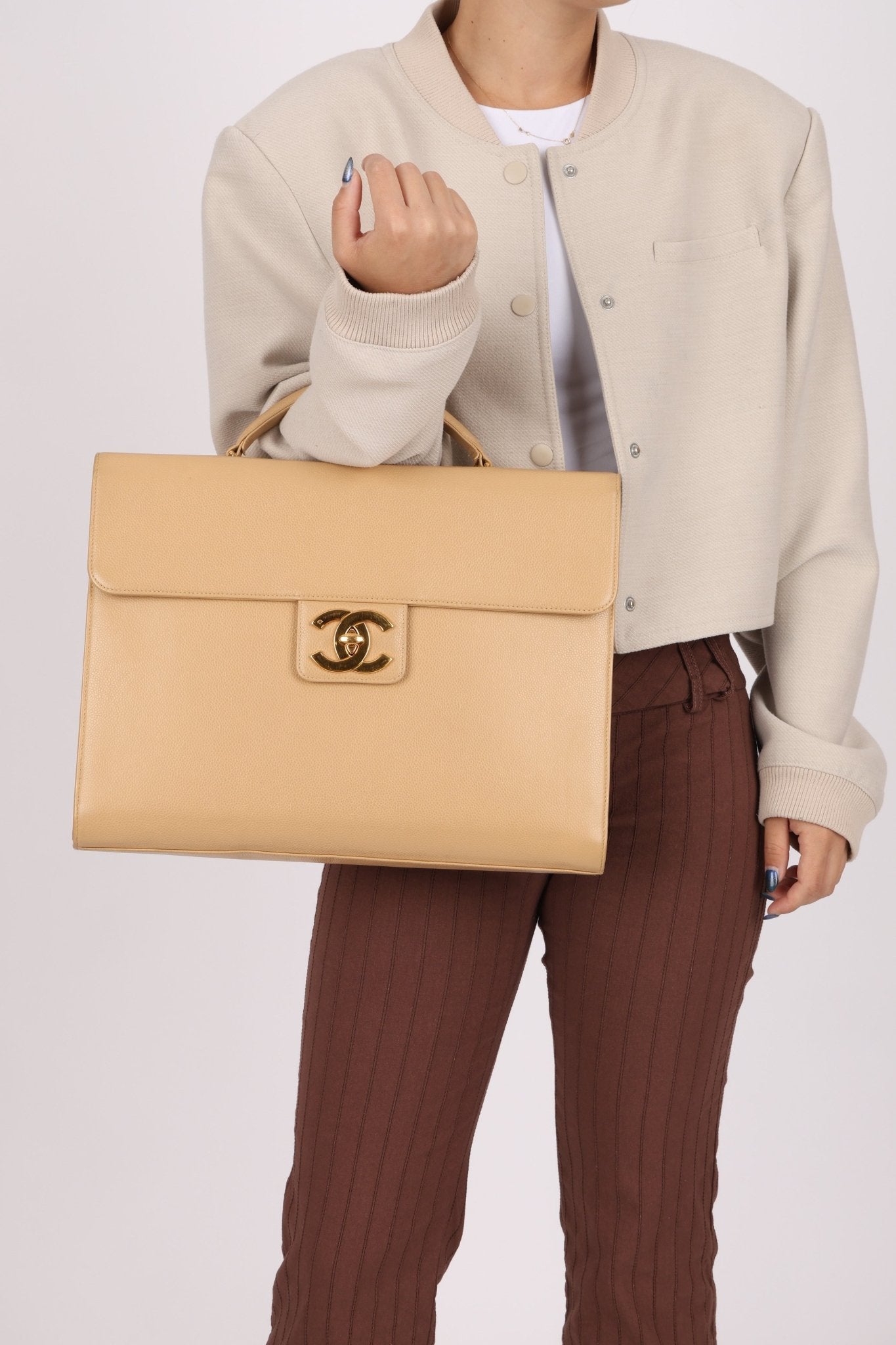 Chanel 1997 Beige Caviar XL Turnlock Briefcase 24K GP - FashioNica