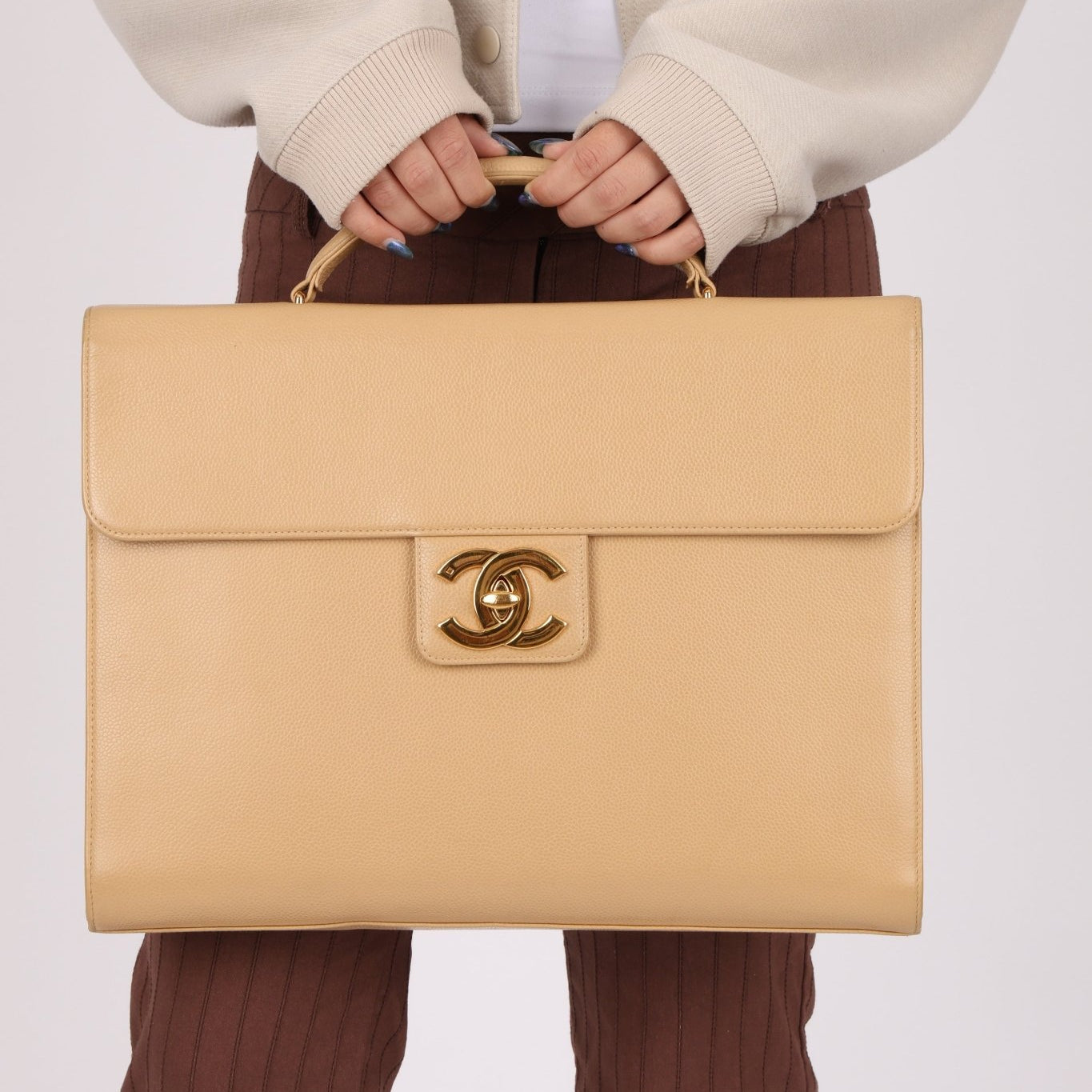Chanel 1997 Beige Caviar XL Turnlock Briefcase 24K GP - FashioNica