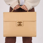 Chanel 1997 Beige Caviar XL Turnlock Briefcase 24K GP - FashioNica