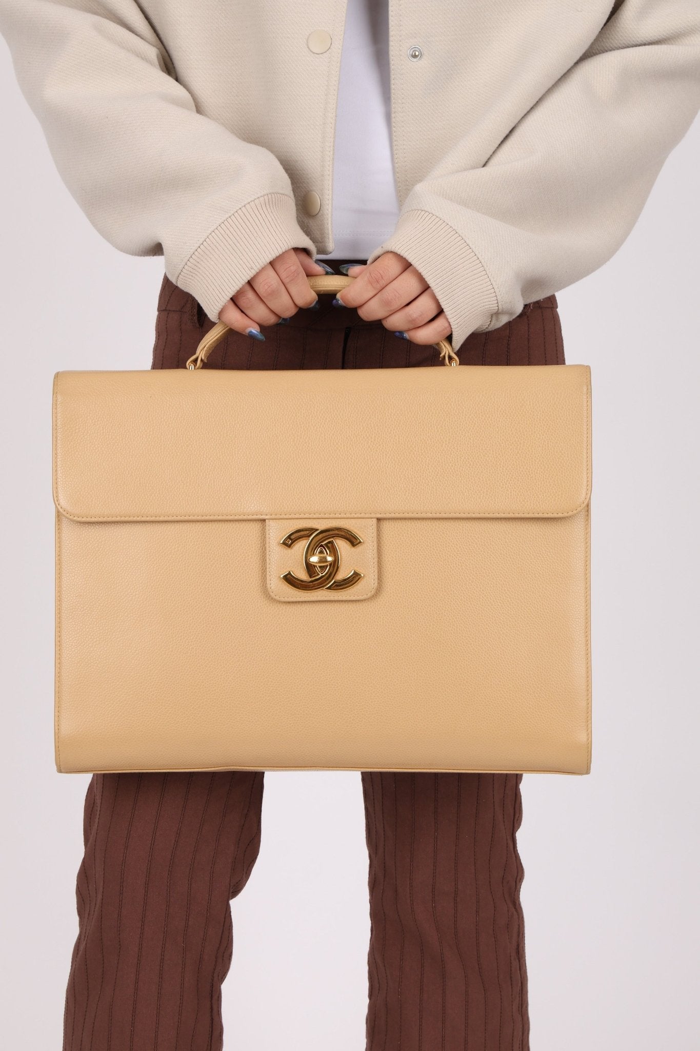 Chanel 1997 Beige Caviar XL Turnlock Briefcase 24K GP - FashioNica