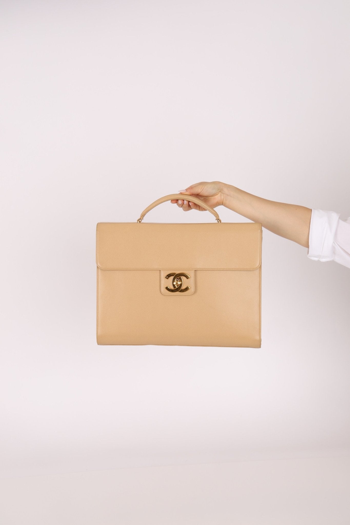 Chanel 1997 Beige Caviar XL Turnlock Briefcase 24K GP - FashioNica