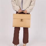 Chanel 1997 Beige Caviar XL Turnlock Briefcase 24K GP - FashioNica
