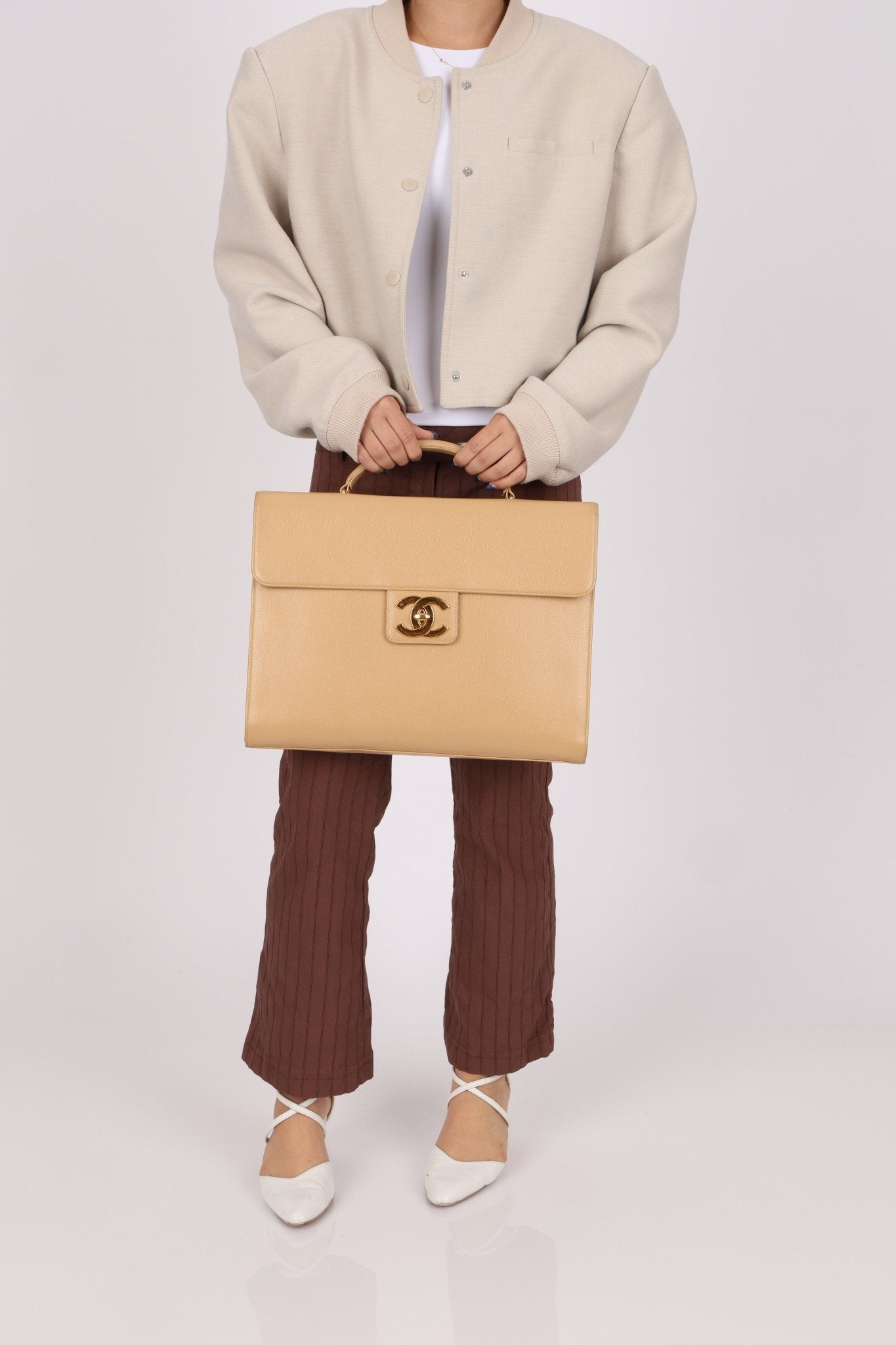Chanel 1997 Beige Caviar XL Turnlock Briefcase 24K GP - FashioNica