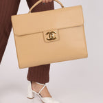 Chanel 1997 Beige Caviar XL Turnlock Briefcase 24K GP - FashioNica